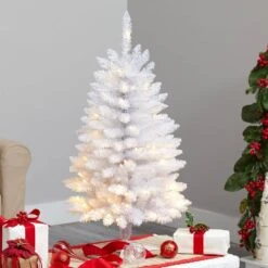 3 Ft. Slim White Artificial Christmas Tree With 50 Warm White LED Lights And 161 Bendable Branches -Holiday Glow Store nearly natural pre lit christmas trees t3357 31 1000