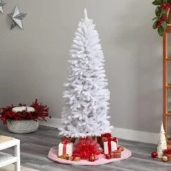 6 Ft. White Pre-Lit LED Slim Artificial Christmas Tree With 250 Warm White Lights -Holiday Glow Store nearly natural pre lit christmas trees t3360 66 1000