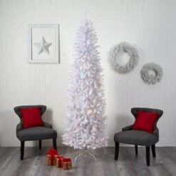 8 Ft. White Pre-Lit LED Slim Artificial Christmas Tree With 400 Warm White Lights -Holiday Glow Store nearly natural pre lit christmas trees t3362 76 1000
