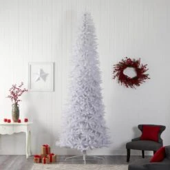 12 Ft. White Pre-Lit LED Slim Artificial Christmas Tree With 1100 Warm White Lights -Holiday Glow Store nearly natural pre lit christmas trees t3366 66 1000