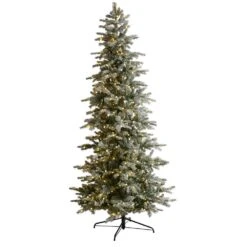 8.5 Ft. Slim Flocked Nova Scotia Spruce Artificial Christmas Tree W/500 Warm White LED Lights & 1061 Bendable Branches