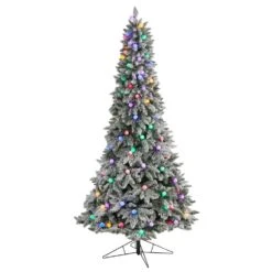 8.5 Ft. Flocked British Columbia Mountain Fir Artificial Christmas Tree W/Multi-Color Globe Bulbs And Bendable Branches
