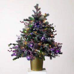 3 Ft. Pre-Lit Snow Covered Decorative Artificial Christmas Tree In Golden Planter With 80 Color Changing LED Lights -Holiday Glow Store nearly natural pre lit christmas trees t4788 4f 1000
