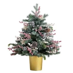 3 Ft. Pre-Lit Snow Covered Decorative Artificial Christmas Tree In Golden Planter With 80 Color Changing LED Lights