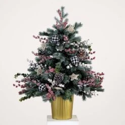 3 Ft. Pre-Lit Snow Covered Decorative Artificial Christmas Tree In Golden Planter With 80 Color Changing LED Lights -Holiday Glow Store nearly natural pre lit christmas trees t4788 d4 1000