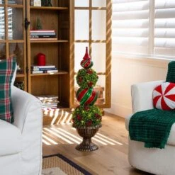 3 Ft. Pre-Lit Artificial Christmas Ornament Boxwood Topiary Tree With 70-Warm White LED Lights -Holiday Glow Store nearly natural pre lit christmas trees t5381 31 1000