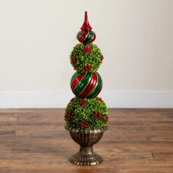 3 Ft. Pre-Lit Artificial Christmas Ornament Boxwood Topiary Tree With 70-Warm White LED Lights -Holiday Glow Store nearly natural pre lit christmas trees t5381 77 1000