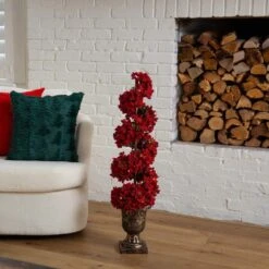 3 Ft. Pre-Lit Artificial Christmas Poinsettias And Berries Spiral Topiary Tree With 30-Warm White LED Lights -Holiday Glow Store nearly natural pre lit christmas trees t5382 31 1000