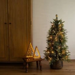 4 Ft. Pre-Lit Faux Mixed Pine Snowed Christmas Tree With Pinecones In Decorative Planter With 60-Warm White LED Lights -Holiday Glow Store nearly natural pre lit christmas trees t5386 31 1000