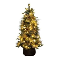 4 Ft. Pre-Lit Faux Mixed Pine Snowed Christmas Tree With Pinecones In Decorative Planter With 60-Warm White LED Lights -Holiday Glow Store nearly natural pre lit christmas trees t5386 4f 1000