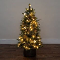 4 Ft. Pre-Lit Faux Mixed Pine Snowed Christmas Tree With Pinecones In Decorative Planter With 60-Warm White LED Lights -Holiday Glow Store nearly natural pre lit christmas trees t5386 77 1000