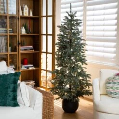 6 Ft. Pre-Lit Artificial Pine Christmas Tree In Round Black Decorative Planter With 60-Warm White LED Lights -Holiday Glow Store nearly natural pre lit christmas trees t5391 31 1000