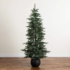 6 Ft. Pre-Lit Artificial Pine Christmas Tree In Round Black Decorative Planter With 60-Warm White LED Lights -Holiday Glow Store nearly natural pre lit christmas trees t5391 76 1000