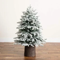 4 Ft. Pre-Lit Artificial Flocked Christmas Tree With 100-Warm White LED Lights In Decorative Trunk Planter -Holiday Glow Store nearly natural pre lit christmas trees t5405 1d 1000