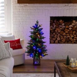 4 Ft. Pre-Lit Artificial Christmas Tree With Pinecones, Berries And 100-Multicolored LED Lights In Decorative Planter -Holiday Glow Store nearly natural pre lit christmas trees t5406 31 1000