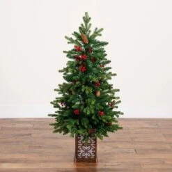 4 Ft. Pre-Lit Artificial Christmas Tree With Pinecones, Berries And 100-Multicolored LED Lights In Decorative Planter -Holiday Glow Store nearly natural pre lit christmas trees t5406 40 1000