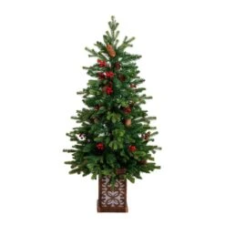 4 Ft. Pre-Lit Artificial Christmas Tree With Pinecones, Berries And 100-Multicolored LED Lights In Decorative Planter -Holiday Glow Store nearly natural pre lit christmas trees t5406 4f 1000