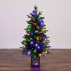 4 Ft. Pre-Lit Artificial Christmas Tree With Pinecones, Berries And 100-Multicolored LED Lights In Decorative Planter -Holiday Glow Store nearly natural pre lit christmas trees t5406 a0 1000