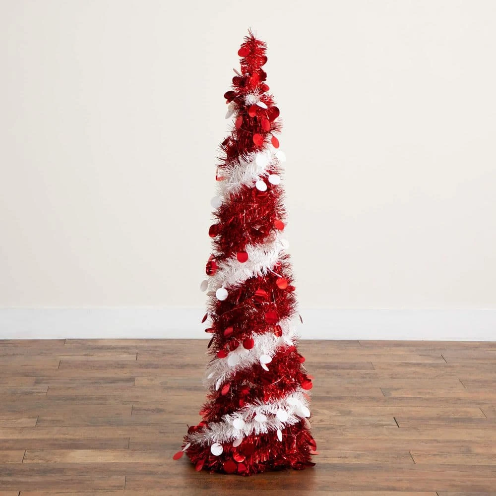 4 Ft. Pre-Lit Pop Up Red And White Tinsel Christmas Tree With 50-Multicolored LED Lights 4 4 Ft. Pre-Lit Pop Up Red And White Tinsel Christmas Tree With 50-Multicolored LED Lights - Image 2
