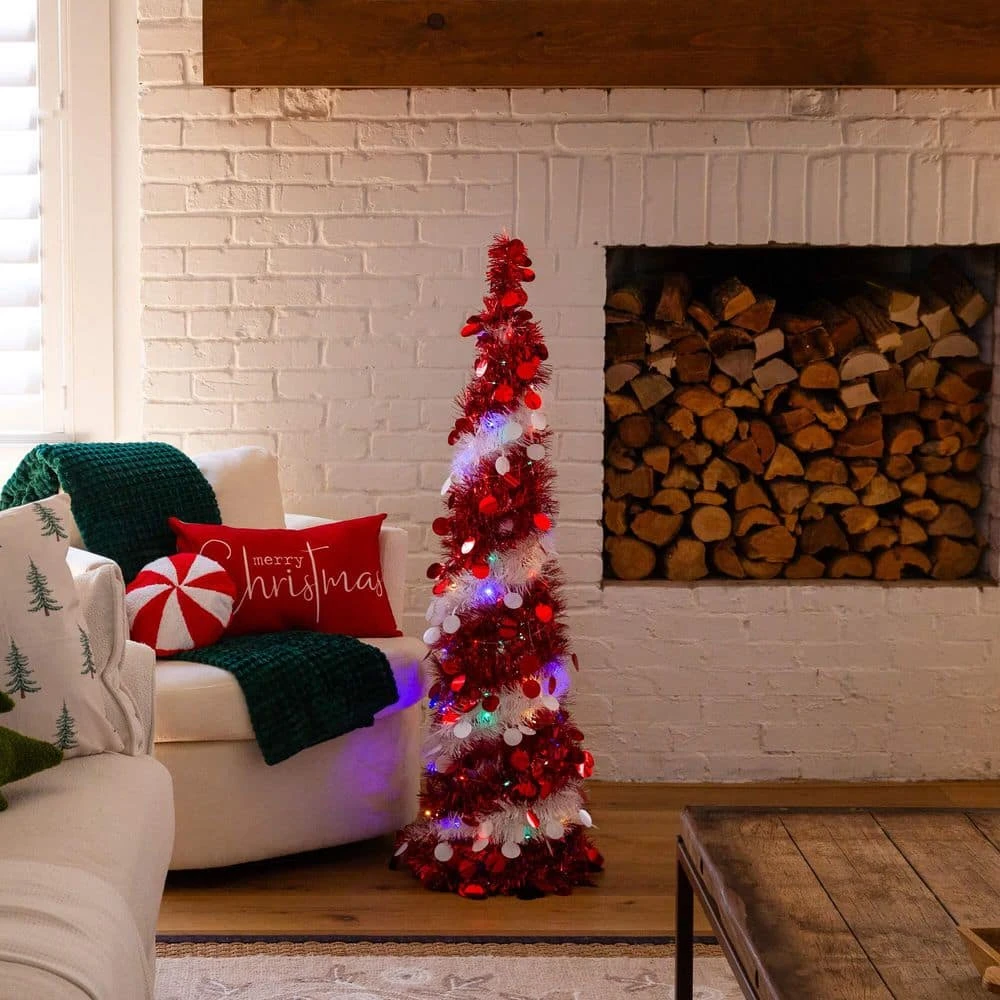 4 Ft. Pre-Lit Pop Up Red And White Tinsel Christmas Tree With 50-Multicolored LED Lights 12 4 Ft. Pre-Lit Pop Up Red And White Tinsel Christmas Tree With 50-Multicolored LED Lights - Image 10