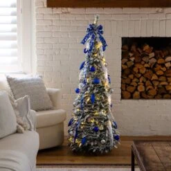 5 Ft. Pre-Lit Artificial Pop Up Flocked Christmas Tree With Silver & Blue Ornaments, Ribbons & 100-Warm White LED Lights -Holiday Glow Store nearly natural pre lit christmas trees t5413 31 1000