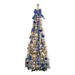 5 Ft. Pre-Lit Artificial Pop Up Flocked Christmas Tree With Silver & Blue Ornaments, Ribbons & 100-Warm White LED Lights -Holiday Glow Store nearly natural pre lit christmas trees t5413 4f 1000