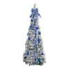 5 Ft. Pre-Lit Artificial Pop Up Flocked Christmas Tree With Silver & Blue Ornaments, Ribbons & 100-Warm White LED Lights