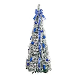 5 Ft. Pre-Lit Artificial Pop Up Flocked Christmas Tree With Silver & Blue Ornaments, Ribbons & 100-Warm White LED Lights