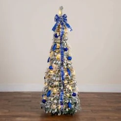 5 Ft. Pre-Lit Artificial Pop Up Flocked Christmas Tree With Silver & Blue Ornaments, Ribbons & 100-Warm White LED Lights -Holiday Glow Store nearly natural pre lit christmas trees t5413 a0 1000