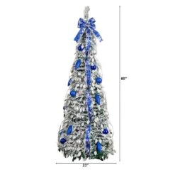 5 Ft. Pre-Lit Artificial Pop Up Flocked Christmas Tree With Silver & Blue Ornaments, Ribbons & 100-Warm White LED Lights -Holiday Glow Store nearly natural pre lit christmas trees t5413 c3 1000
