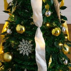 5 Ft. Pre-Lit Artificial Pop Up Christmas Tree With Gold And Silver Ornaments, Ribbons And 100-Warm White LED Lights -Holiday Glow Store nearly natural pre lit christmas trees t5414 1d 1000