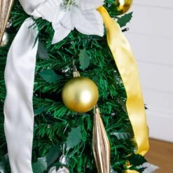 5 Ft. Pre-Lit Artificial Pop Up Christmas Tree With Gold And Silver Ornaments, Ribbons And 100-Warm White LED Lights -Holiday Glow Store nearly natural pre lit christmas trees t5414 1f 1000