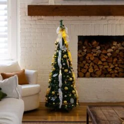 5 Ft. Pre-Lit Artificial Pop Up Christmas Tree With Gold And Silver Ornaments, Ribbons And 100-Warm White LED Lights -Holiday Glow Store nearly natural pre lit christmas trees t5414 31 1000