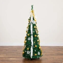 5 Ft. Pre-Lit Artificial Pop Up Christmas Tree With Gold And Silver Ornaments, Ribbons And 100-Warm White LED Lights -Holiday Glow Store nearly natural pre lit christmas trees t5414 a0 1000