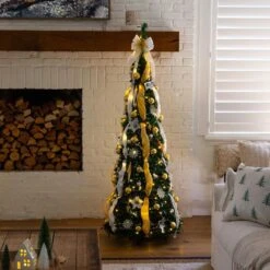 6 Ft. Pre-Lit Artificial Pop Up Christmas Tree With Gold And Silver Ornaments, Ribbons And 150-Warm White LED Lights -Holiday Glow Store nearly natural pre lit christmas trees t5415 31 1000