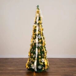 6 Ft. Pre-Lit Artificial Pop Up Christmas Tree With Gold And Silver Ornaments, Ribbons And 150-Warm White LED Lights -Holiday Glow Store nearly natural pre lit christmas trees t5415 77 1000