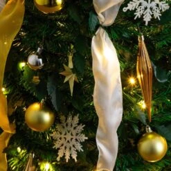 6 Ft. Pre-Lit Artificial Pop Up Christmas Tree With Gold And Silver Ornaments, Ribbons And 150-Warm White LED Lights -Holiday Glow Store nearly natural pre lit christmas trees t5415 fa 1000