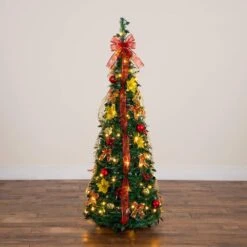 5 Ft. Pre-Lit Artificial Pop Up Christmas Tree With Red And Gold Ornaments, Ribbons And 100-Warm White LED Lights 18 5 Ft. Pre-Lit Artificial Pop Up Christmas Tree With Red And Gold Ornaments, Ribbons And 100-Warm White LED Lights -Holiday Glow Store nearly natural pre lit christmas trees t5416 40 1000