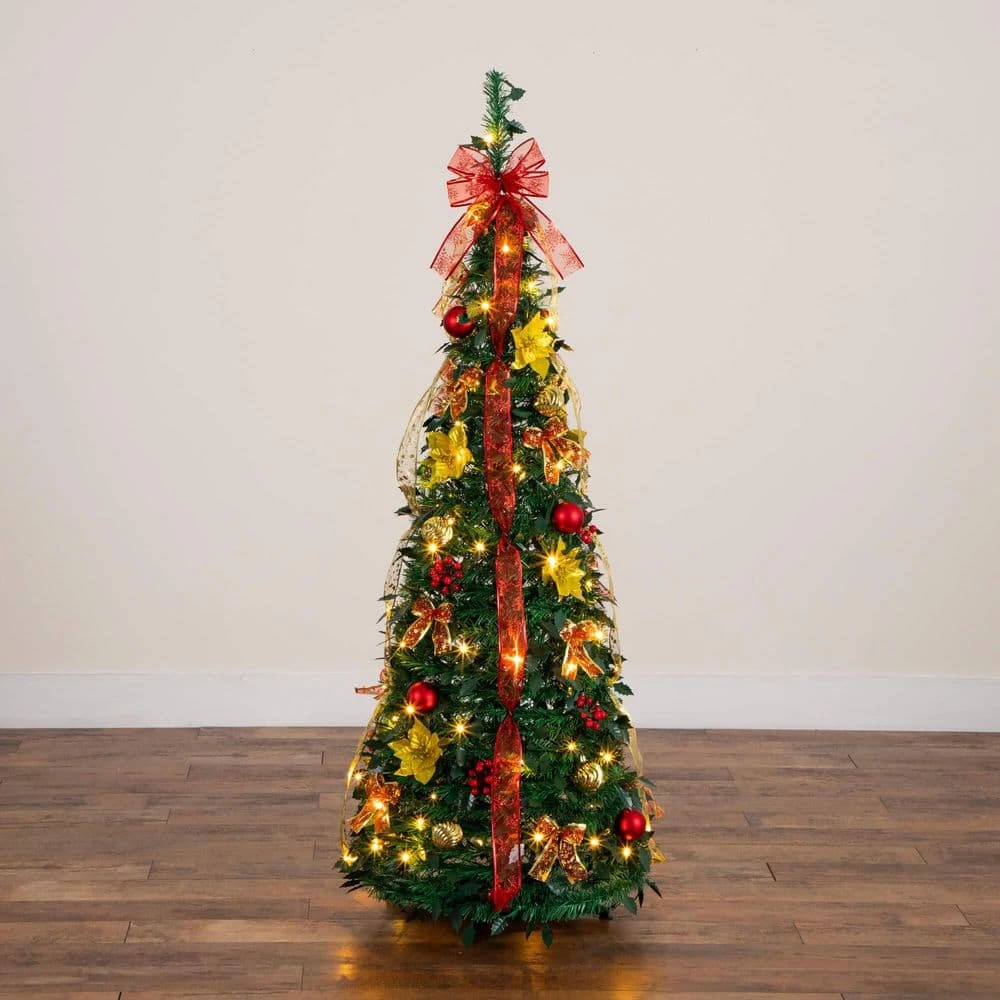 5 Ft. Pre-Lit Artificial Pop Up Christmas Tree With Red And Gold Ornaments, Ribbons And 100-Warm White LED Lights 5 5 Ft. Pre-Lit Artificial Pop Up Christmas Tree With Red And Gold Ornaments, Ribbons And 100-Warm White LED Lights - Image 3