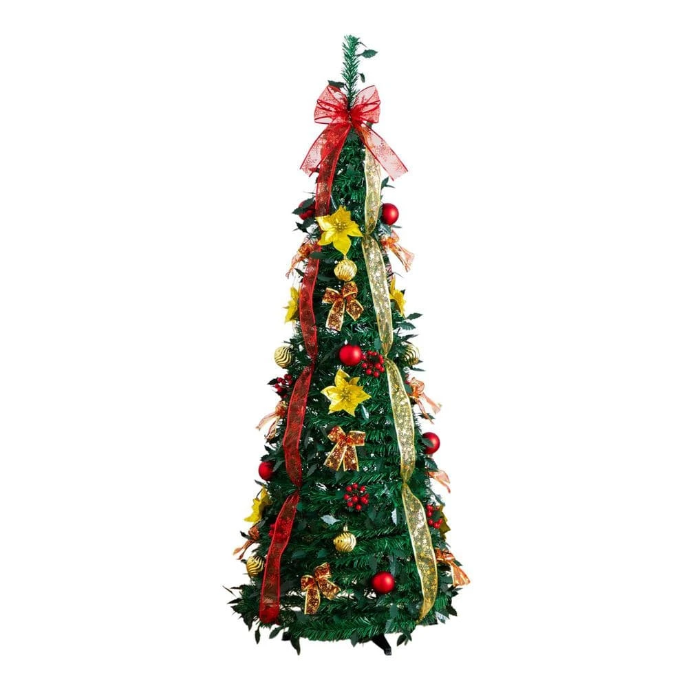 5 Ft. Pre-Lit Artificial Pop Up Christmas Tree With Red And Gold Ornaments, Ribbons And 100-Warm White LED Lights 3 5 Ft. Pre-Lit Artificial Pop Up Christmas Tree With Red And Gold Ornaments, Ribbons And 100-Warm White LED Lights