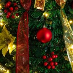 6 Ft. Pre-Lit Artificial Pop Up Christmas Tree With Red And Gold Ornaments, Ribbons And 150-Warm White LED Lights -Holiday Glow Store nearly natural pre lit christmas trees t5417 1d 1000