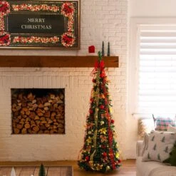 6 Ft. Pre-Lit Artificial Pop Up Christmas Tree With Red And Gold Ornaments, Ribbons And 150-Warm White LED Lights -Holiday Glow Store nearly natural pre lit christmas trees t5417 31 1000