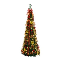 6 Ft. Pre-Lit Artificial Pop Up Christmas Tree With Red And Gold Ornaments, Ribbons And 150-Warm White LED Lights -Holiday Glow Store nearly natural pre lit christmas trees t5417 4f 1000