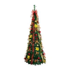 6 Ft. Pre-Lit Artificial Pop Up Christmas Tree With Red And Gold Ornaments, Ribbons And 150-Warm White LED Lights