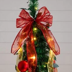 6 Ft. Pre-Lit Artificial Pop Up Christmas Tree With Red And Gold Ornaments, Ribbons And 150-Warm White LED Lights -Holiday Glow Store nearly natural pre lit christmas trees t5417 77 1000