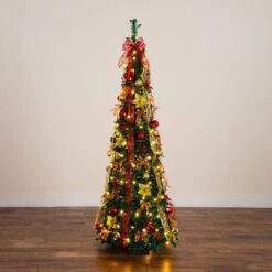 6 Ft. Pre-Lit Artificial Pop Up Christmas Tree With Red And Gold Ornaments, Ribbons And 150-Warm White LED Lights -Holiday Glow Store nearly natural pre lit christmas trees t5417 d4 1000