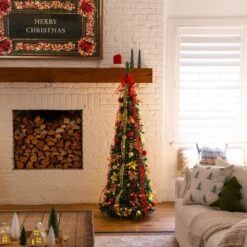 6 Ft. Pre-Lit Artificial Pop Up Christmas Tree With Red And Gold Ornaments, Ribbons And 150-Warm White LED Lights -Holiday Glow Store nearly natural pre lit christmas trees t5417 fa 1000 1