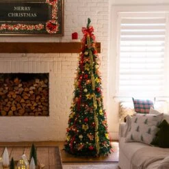 7 Ft. Pre-Lit Artificial Pop Up Christmas Tree With Red And Gold Ornaments, Ribbons And 180-Warm White LED Lights 27 7 Ft. Pre-Lit Artificial Pop Up Christmas Tree With Red And Gold Ornaments, Ribbons And 180-Warm White LED Lights -Holiday Glow Store nearly natural pre lit christmas trees t5418 31 1000