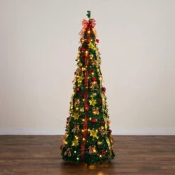 7 Ft. Pre-Lit Artificial Pop Up Christmas Tree With Red And Gold Ornaments, Ribbons And 180-Warm White LED Lights 17 7 Ft. Pre-Lit Artificial Pop Up Christmas Tree With Red And Gold Ornaments, Ribbons And 180-Warm White LED Lights -Holiday Glow Store nearly natural pre lit christmas trees t5418 40 1000