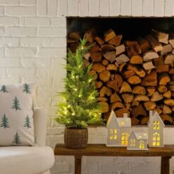 32in. Pre-Lit Artificial Lightly Snowed Cypress Christmas Tree With 30-Warm White LED Lights In Decorative Weaved Basket -Holiday Glow Store nearly natural pre lit christmas trees t5422 31 1000